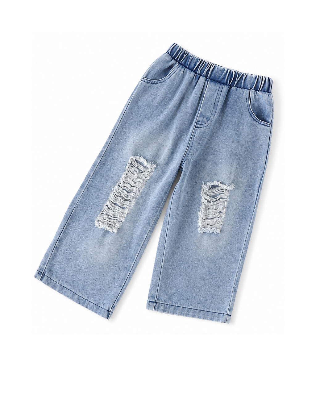 Denim Crop Top & Distressed Wide-Leg Jeans Girl's Set