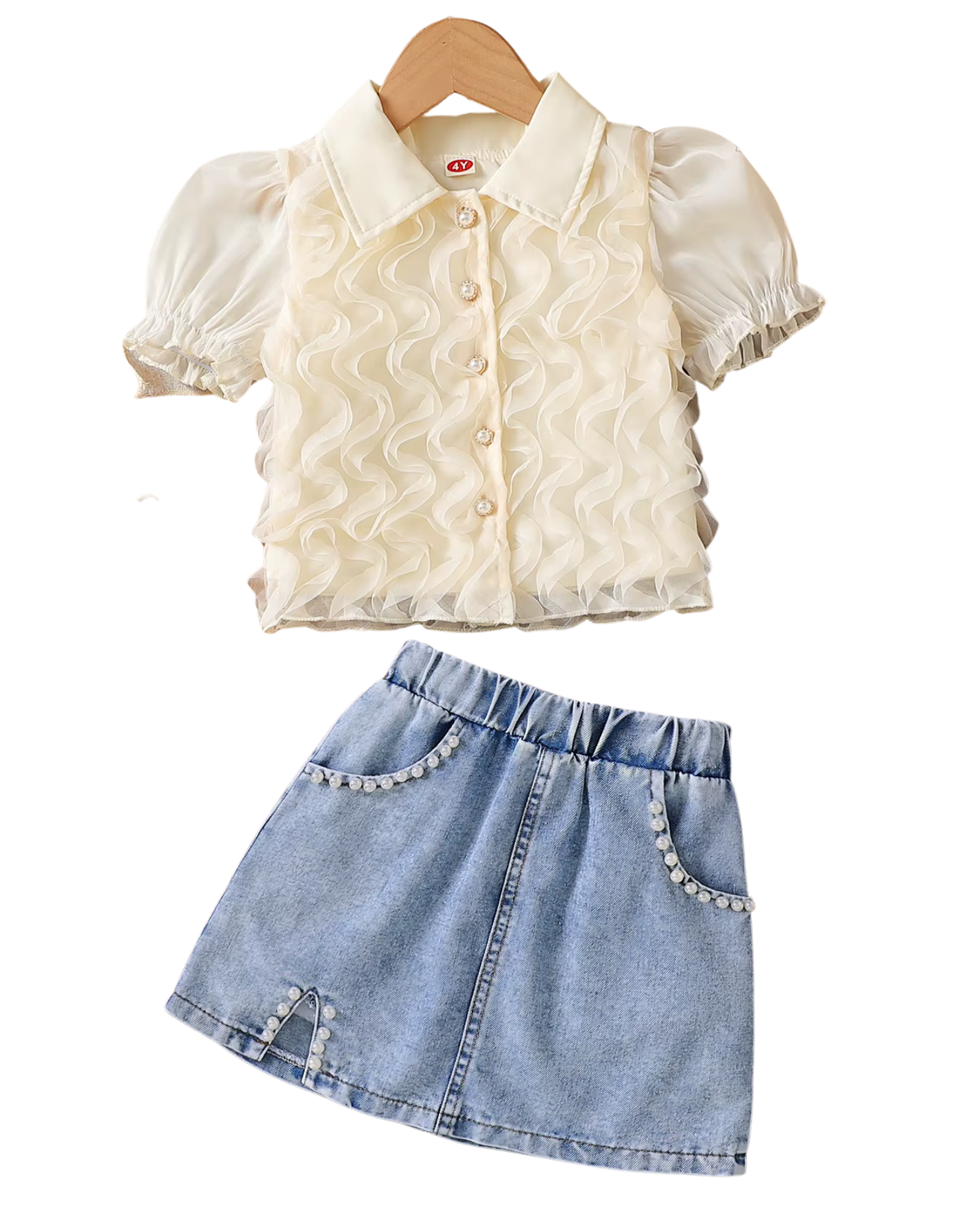 Ruffle Blouse & Beaded Denim Skirt Girl's Set