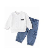 Texture Sweatshirt & Denim Cargo Joggers Girl's Set