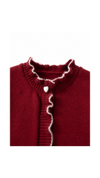 Heart-Button Ruffle-Trim Knitted Cardigan Girl's Jacket