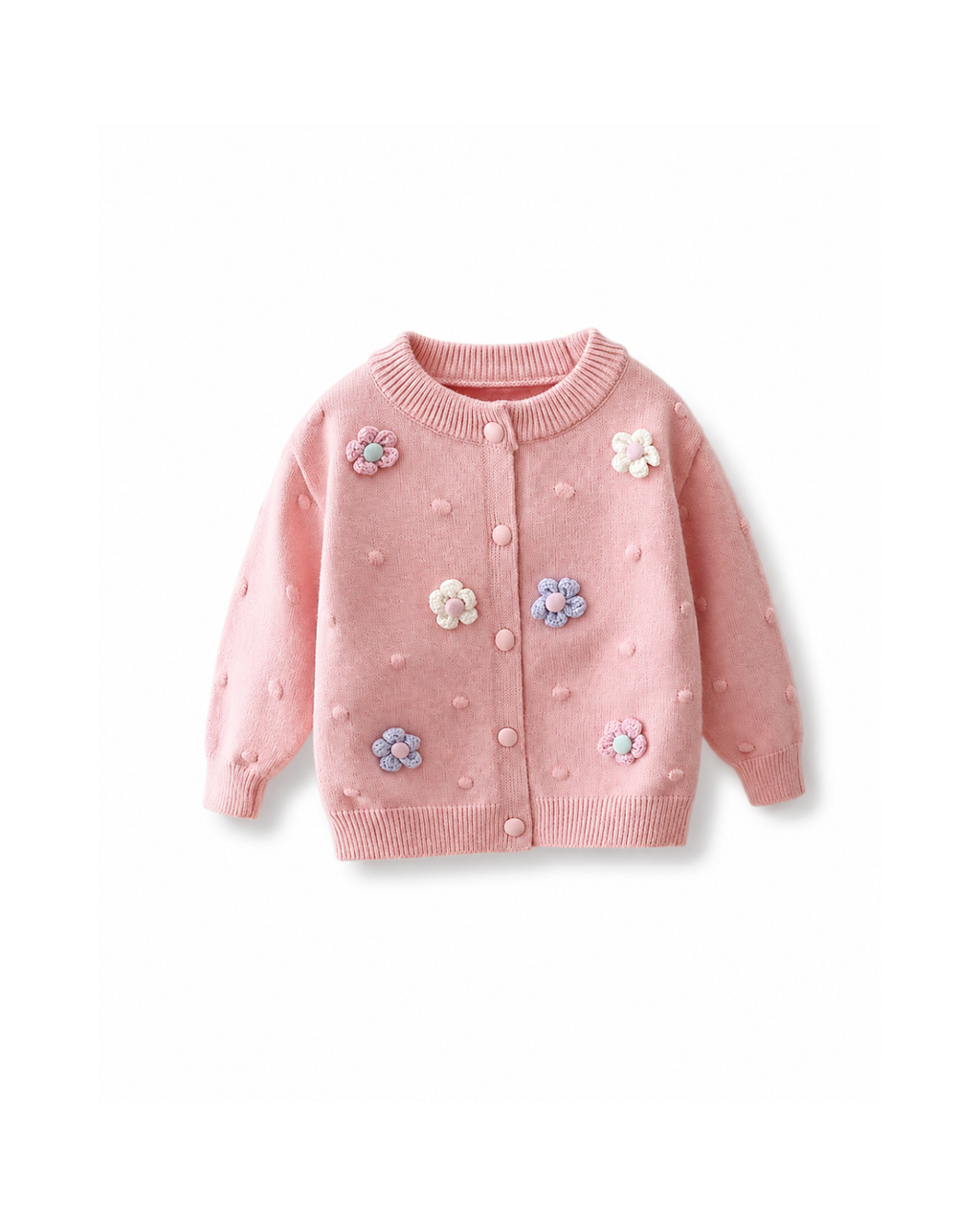 Floral Appliqué Bobble-Knit Cardigan Girl's Jacket