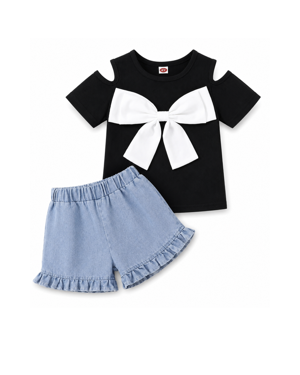 Bow Cold-Shoulder Top & Ruffled Denim Shorts Girl's Set