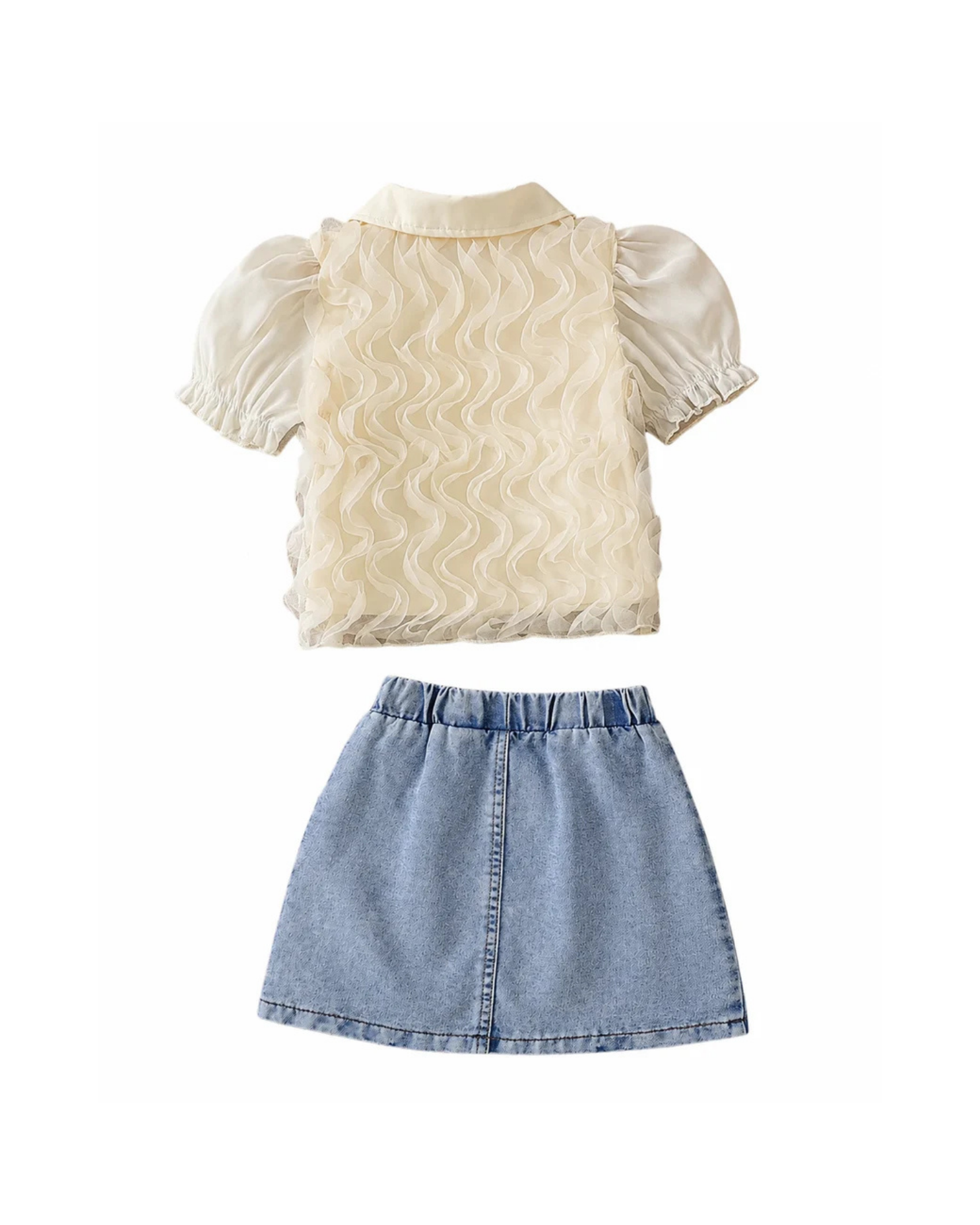 Ruffle Blouse & Beaded Denim Skirt Girl's Set