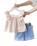 Ruffled Striped Top & Embroidered Shorts Girl's Set