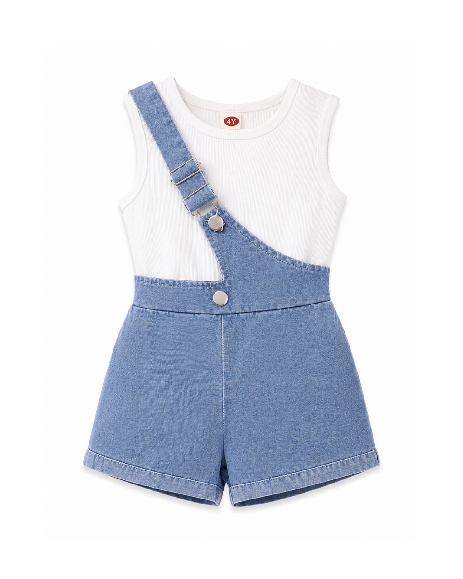 Ribbed Tank Top & Denim Overall Shorts Girl's Set