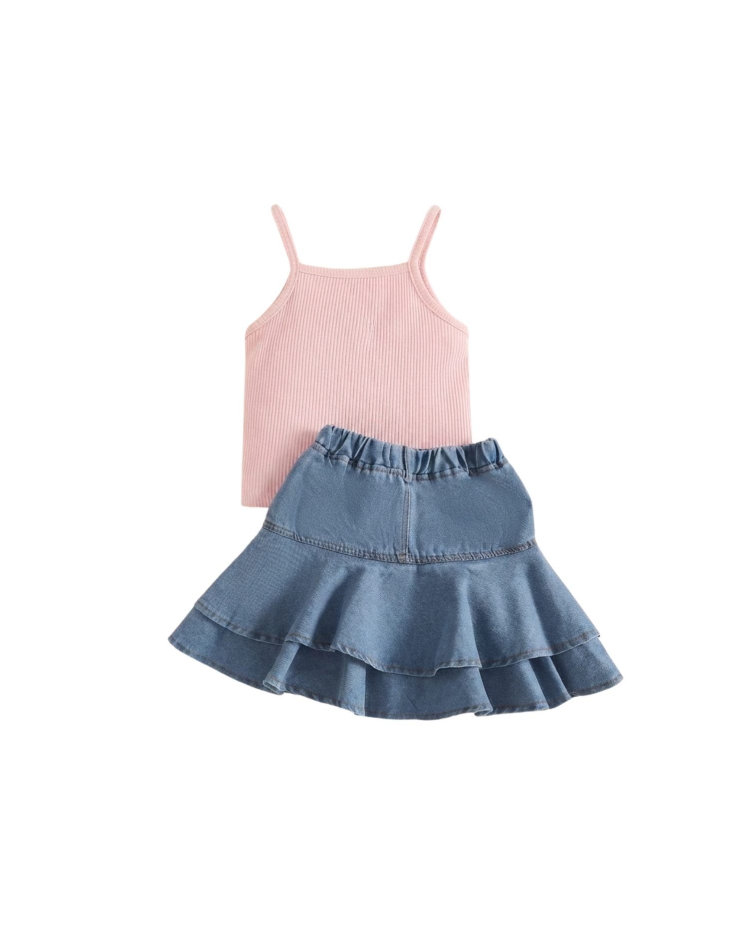 Girls Floral Tank Top & Ruffled Denim Skirt Girl's Set
