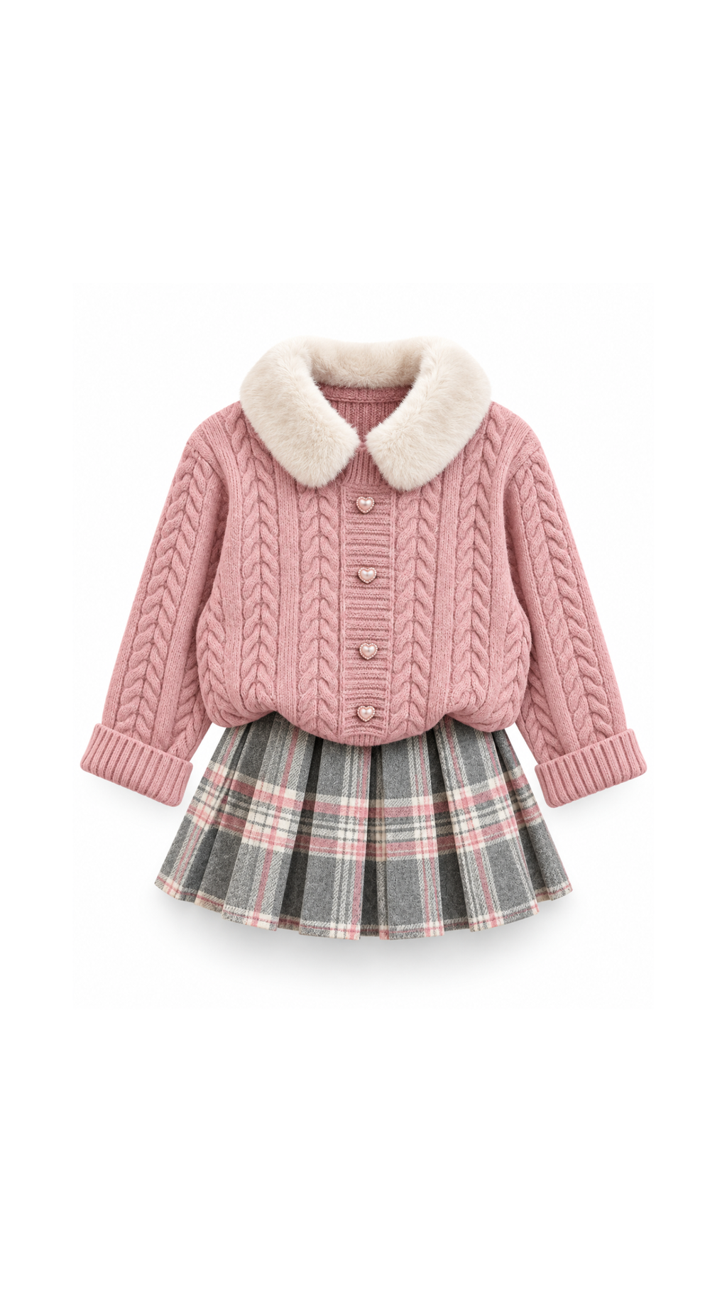 Fur-Collar Cable-Knit Cardigan & Plaid Skirt Girl's Set