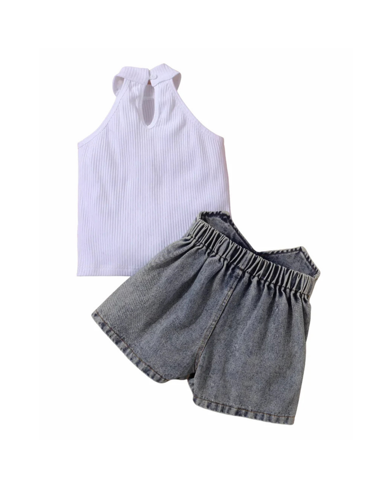 Sleek Ribbed Halter &  Denim Short Girl's Set