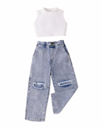 Chic Ribbed Crop Top & Distressed Denim Girl's Set