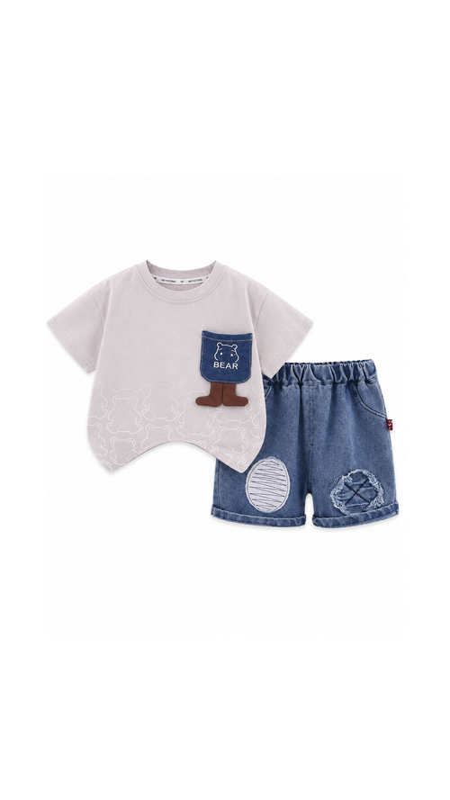 Bear Pocket T-Shirt & Patchwork Denim Shorts Boy's Set