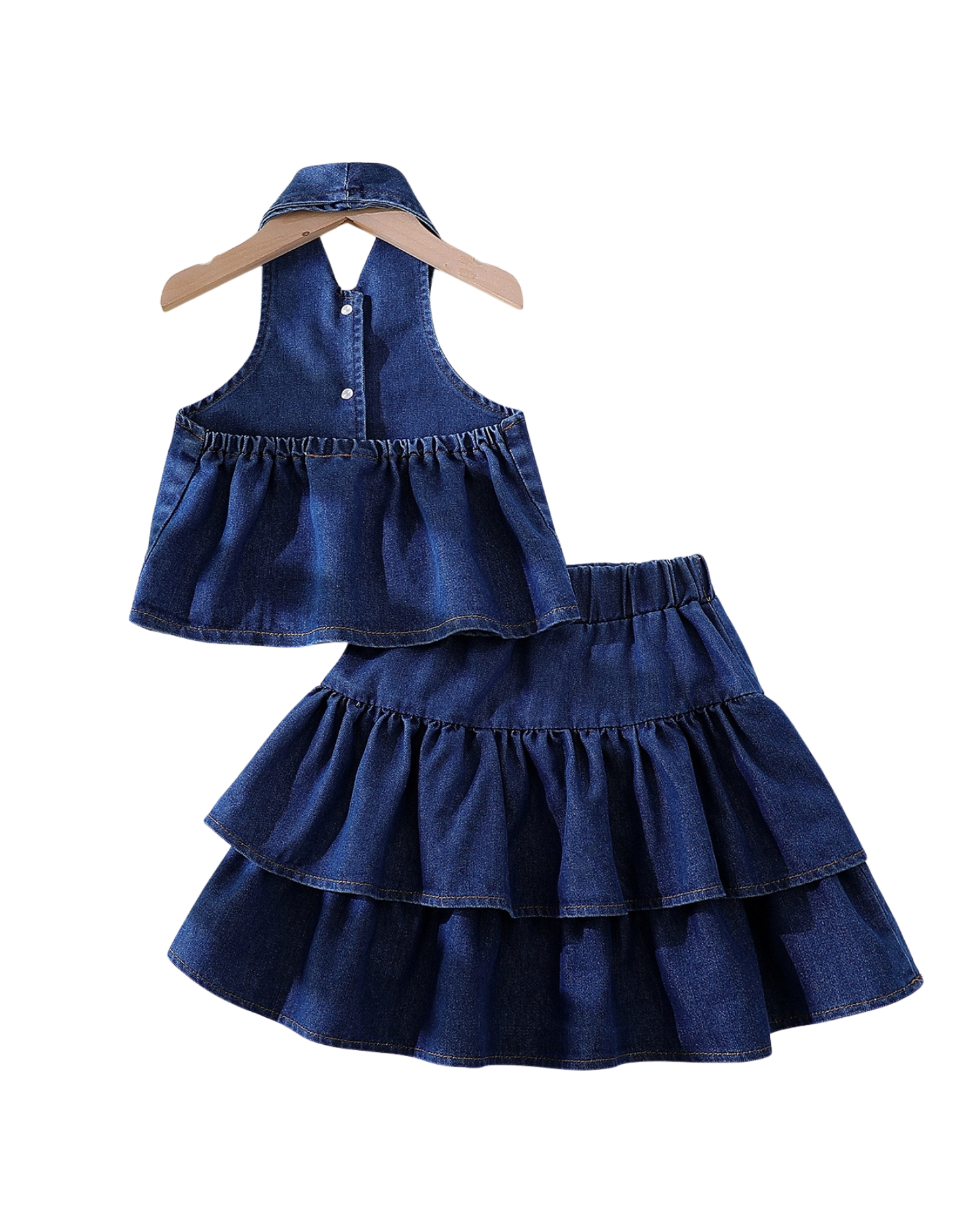 Girls Denim Halter Crop Top & Ruffled Layered Skirt Girl's Set