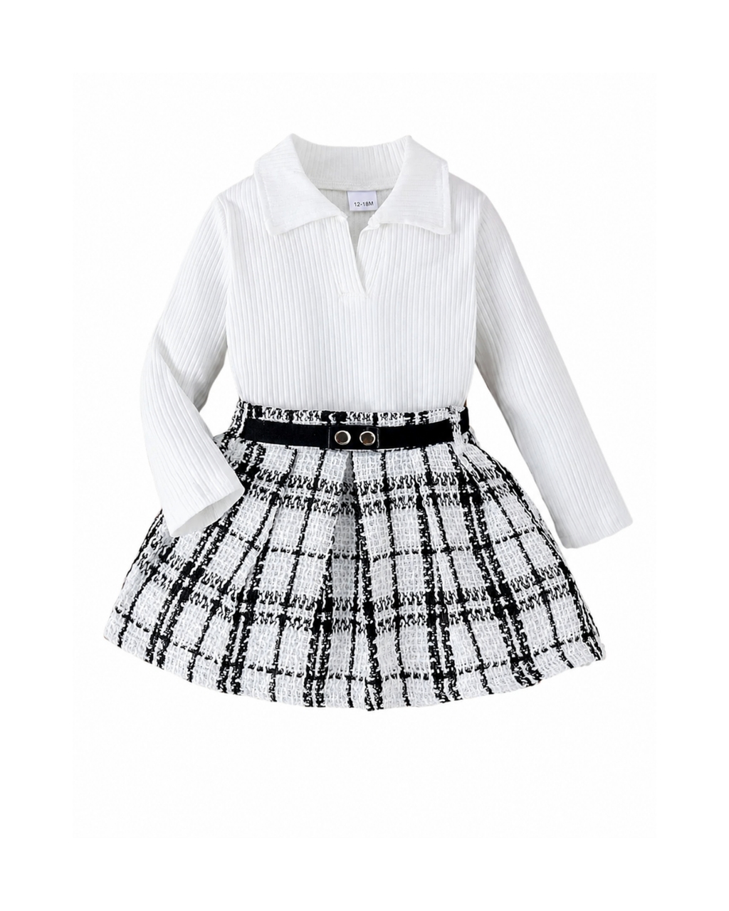 Ribbed Polo Top & Plaid Tweed Skirt Girl's Set