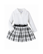 Ribbed Polo Top & Plaid Tweed Skirt Girl's Set
