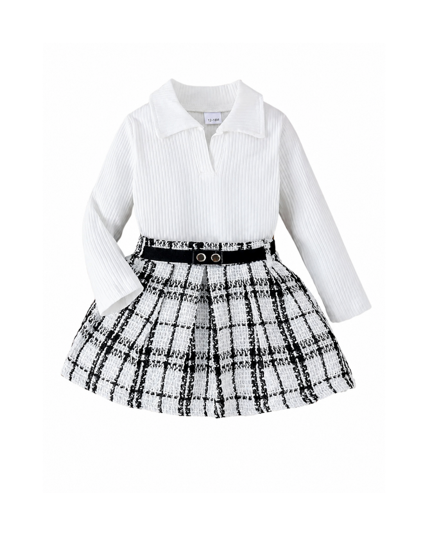 Ribbed Polo Top & Plaid Tweed Skirt Girl's Set
