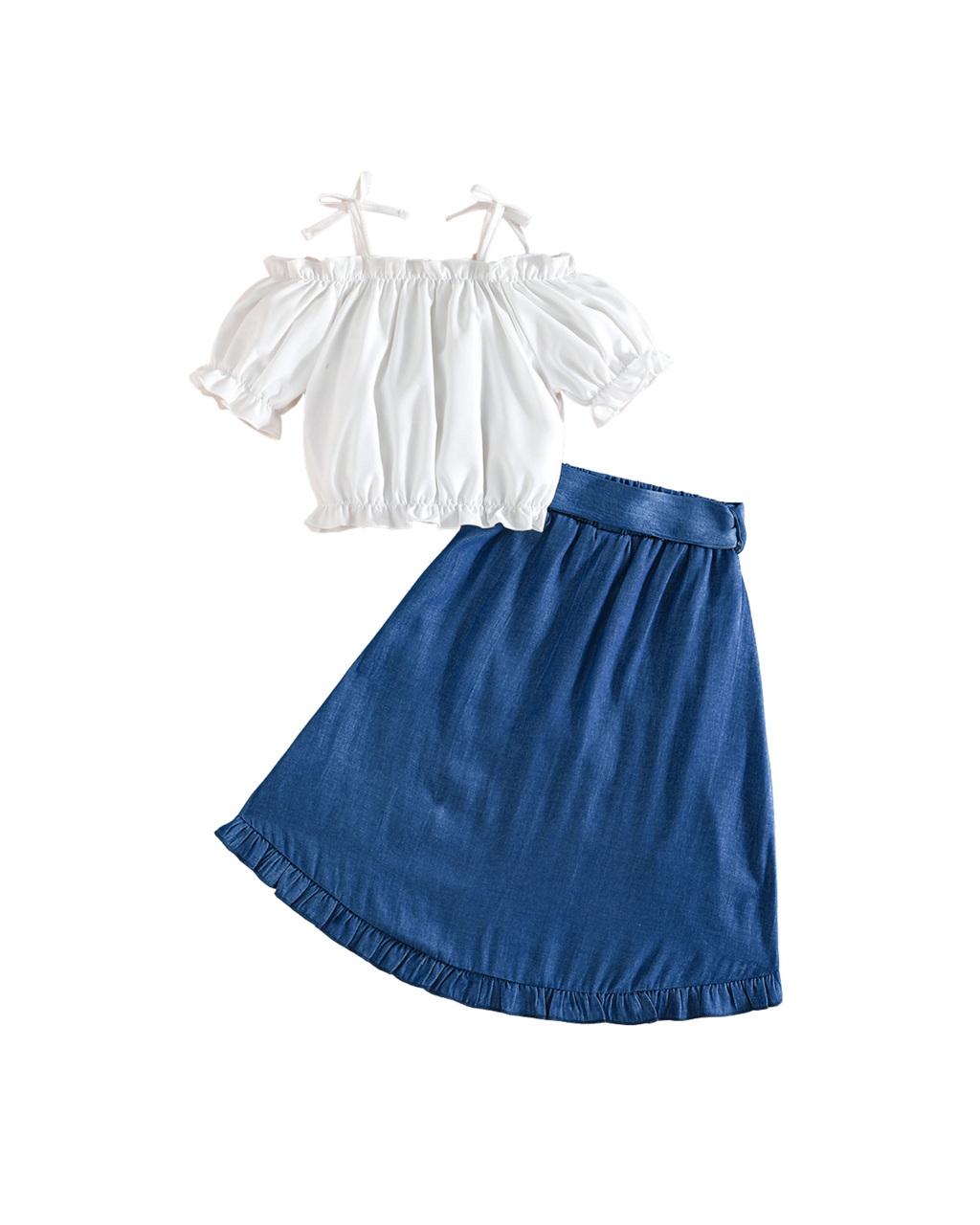 Girls Shoulder Crop Top & Ruffled Denim Skirt Girl's Set
