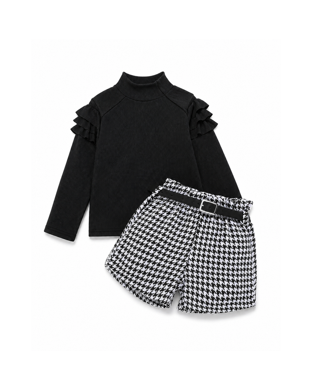 Ruffle Top & Houndstooth Belted Shorts Girl's Set