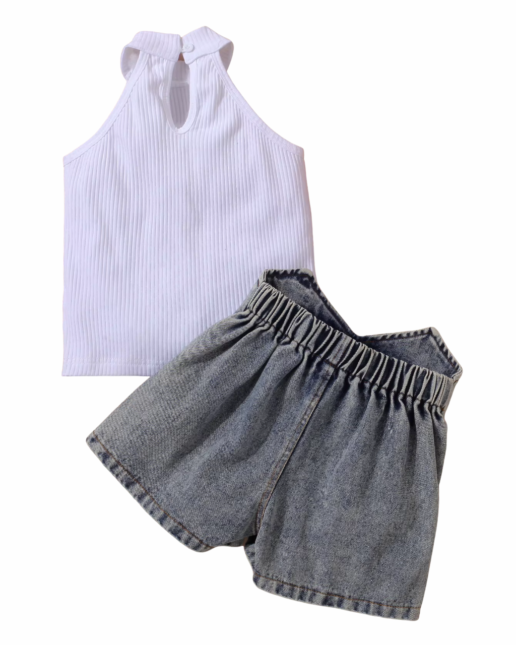 Sleek Ribbed Halter &  Denim Short Girl's Set