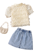 Ruffle Blouse & Beaded Denim Skirt Girl's Set