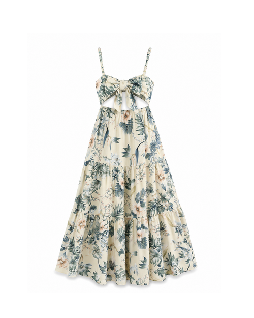 Botanical Print Bow-Front Beach Maxi Dress