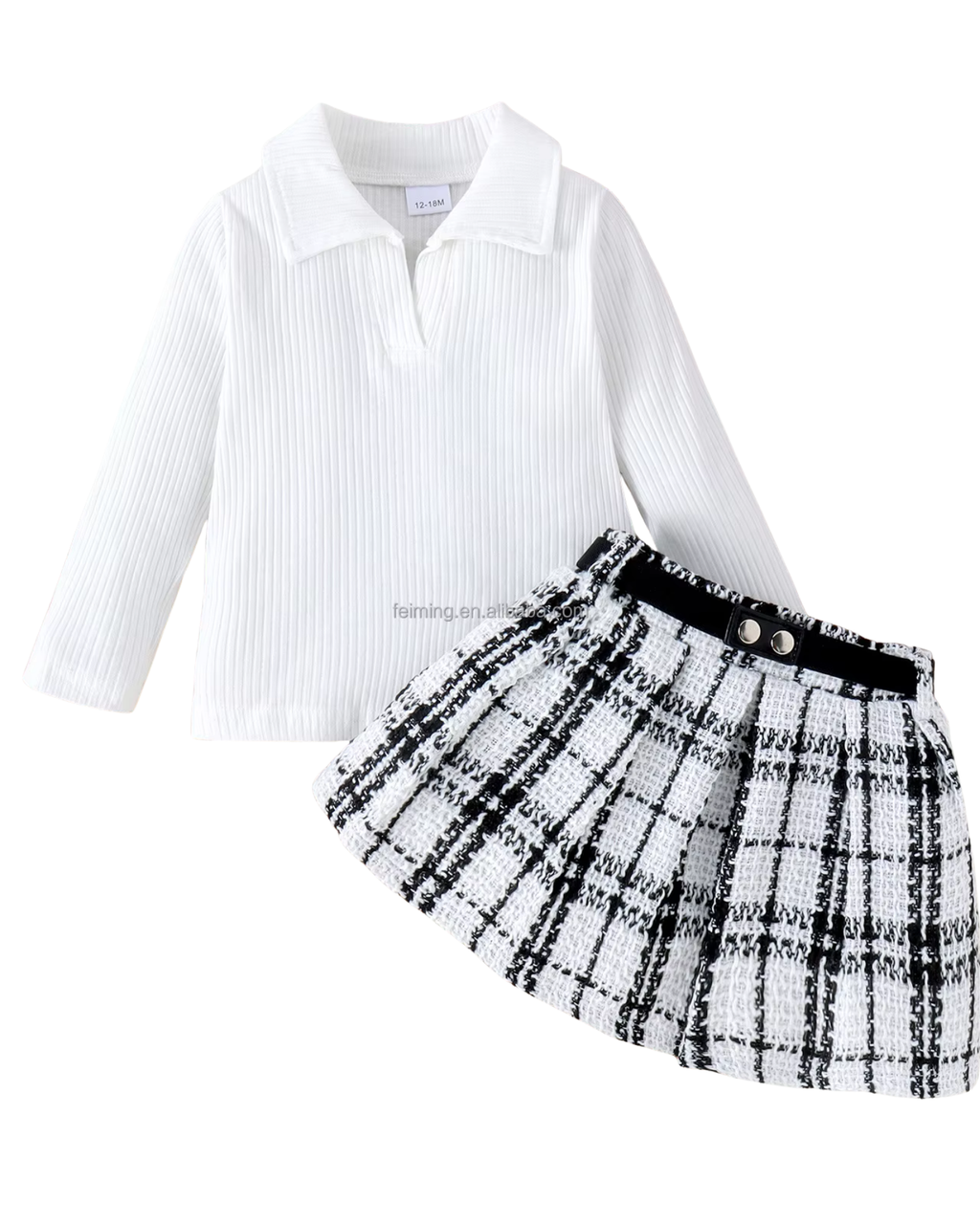 Ribbed Polo Top & Plaid Tweed Skirt Girl's Set