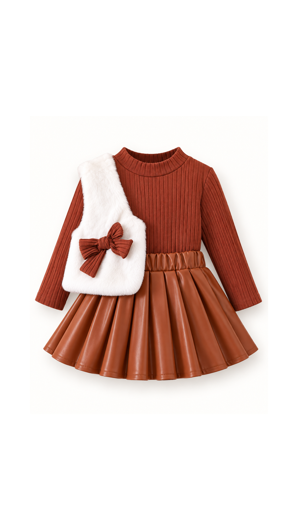 Faux Fur Bow Vest & Pleated Skirt Girl's Set