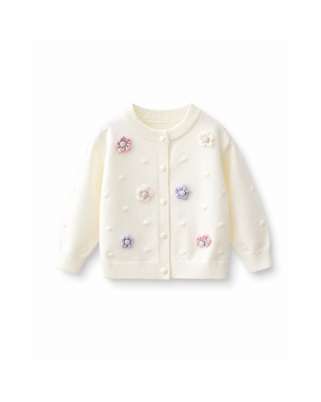 Floral Appliqué Bobble-Knit Cardigan Girl's Jacket
