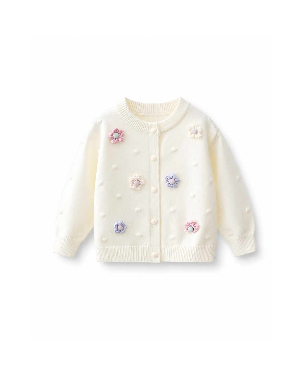 Floral Appliqué Bobble-Knit Cardigan Girl's Jacket