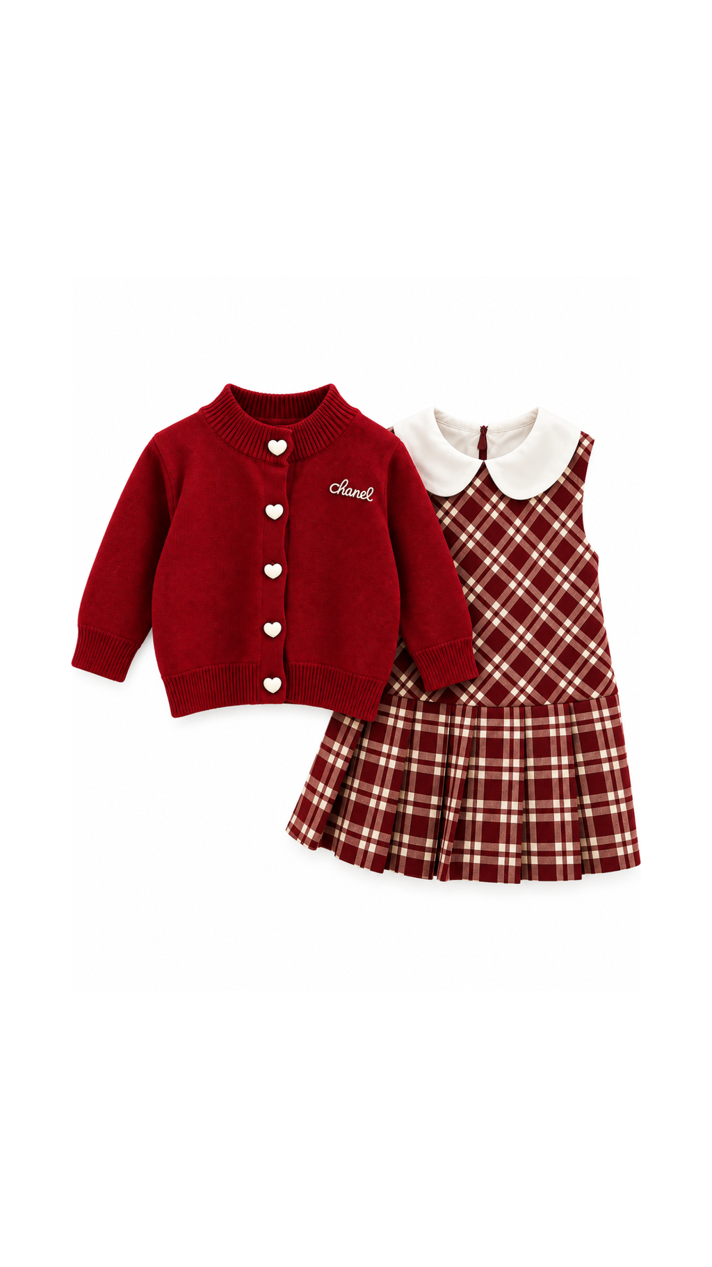Plaid Dress & Heart Button Cardigan Set Girls Set