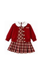 Plaid Dress & Heart Button Cardigan Set Girls Set