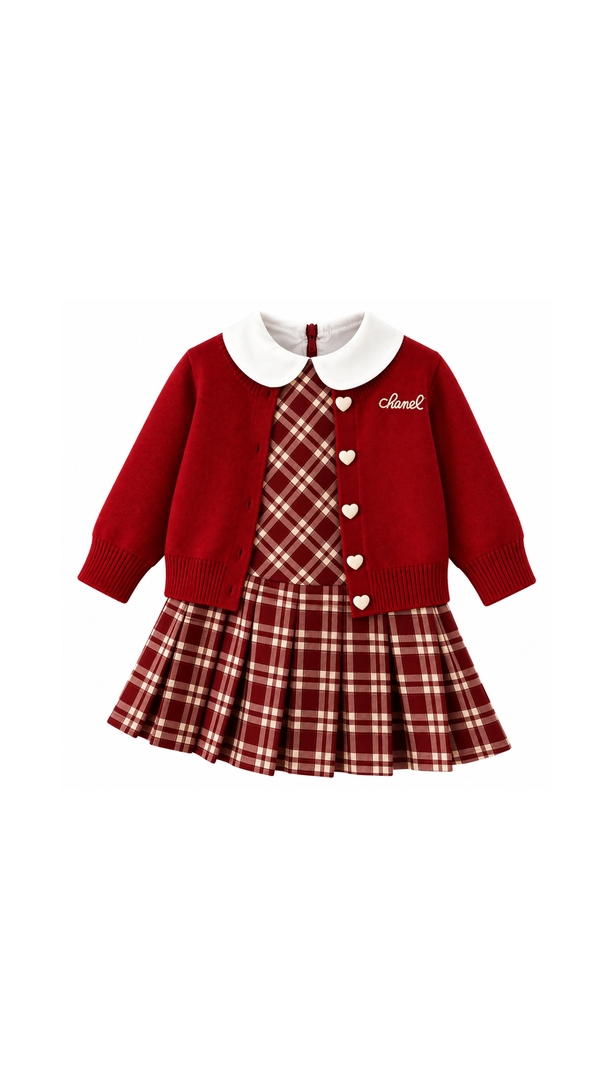 Plaid Dress & Heart Button Cardigan Set Girls Set