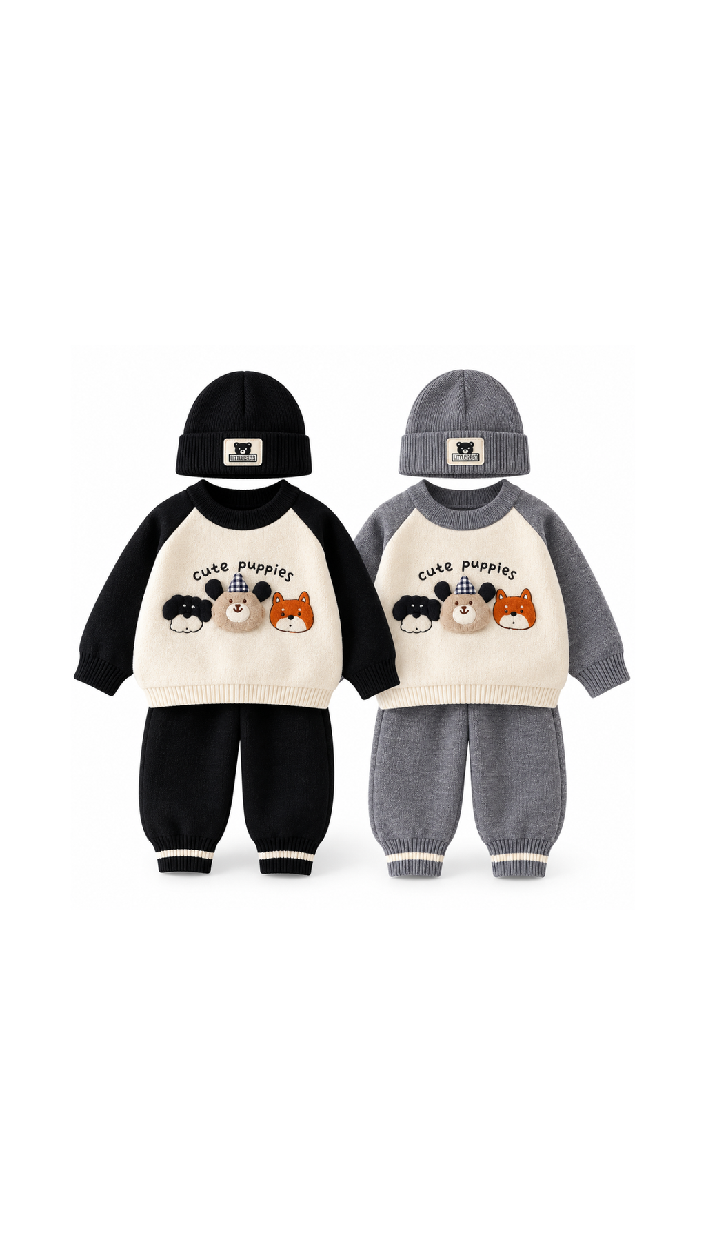 Cute Puppies Knit Sweater & Jogger Set with Beanie