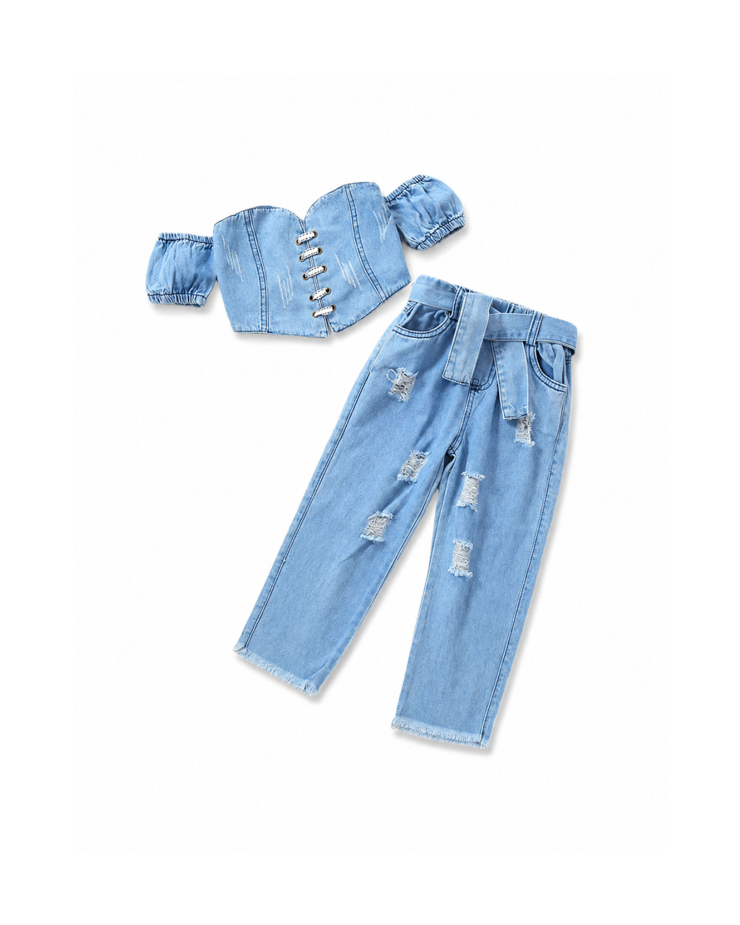Off-Shoulder Denim Top & Distressed Wide-Leg Jeans  Girl's Set