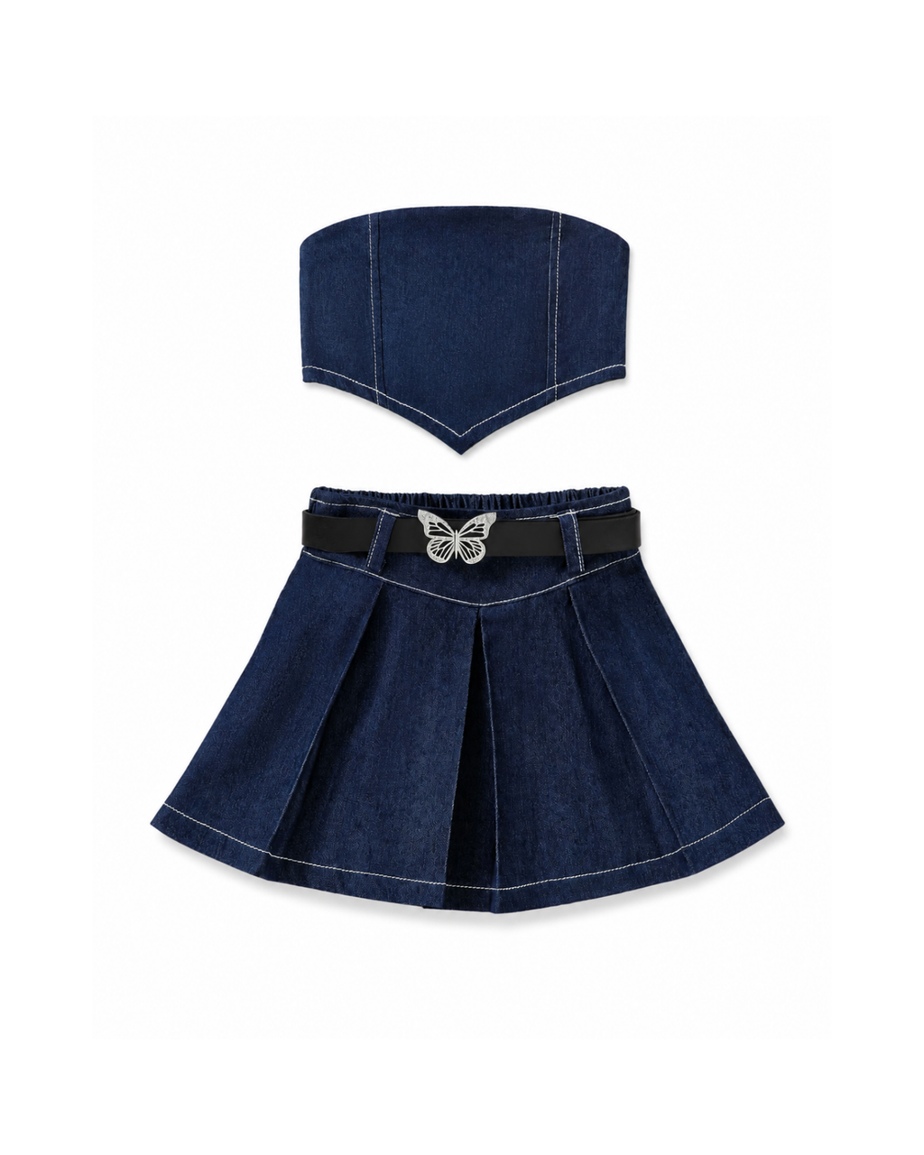 Strapless Dark Denim Top & Pleated Skirt Girl's Set