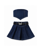 Strapless Dark Denim Top & Pleated Skirt Girl's Set