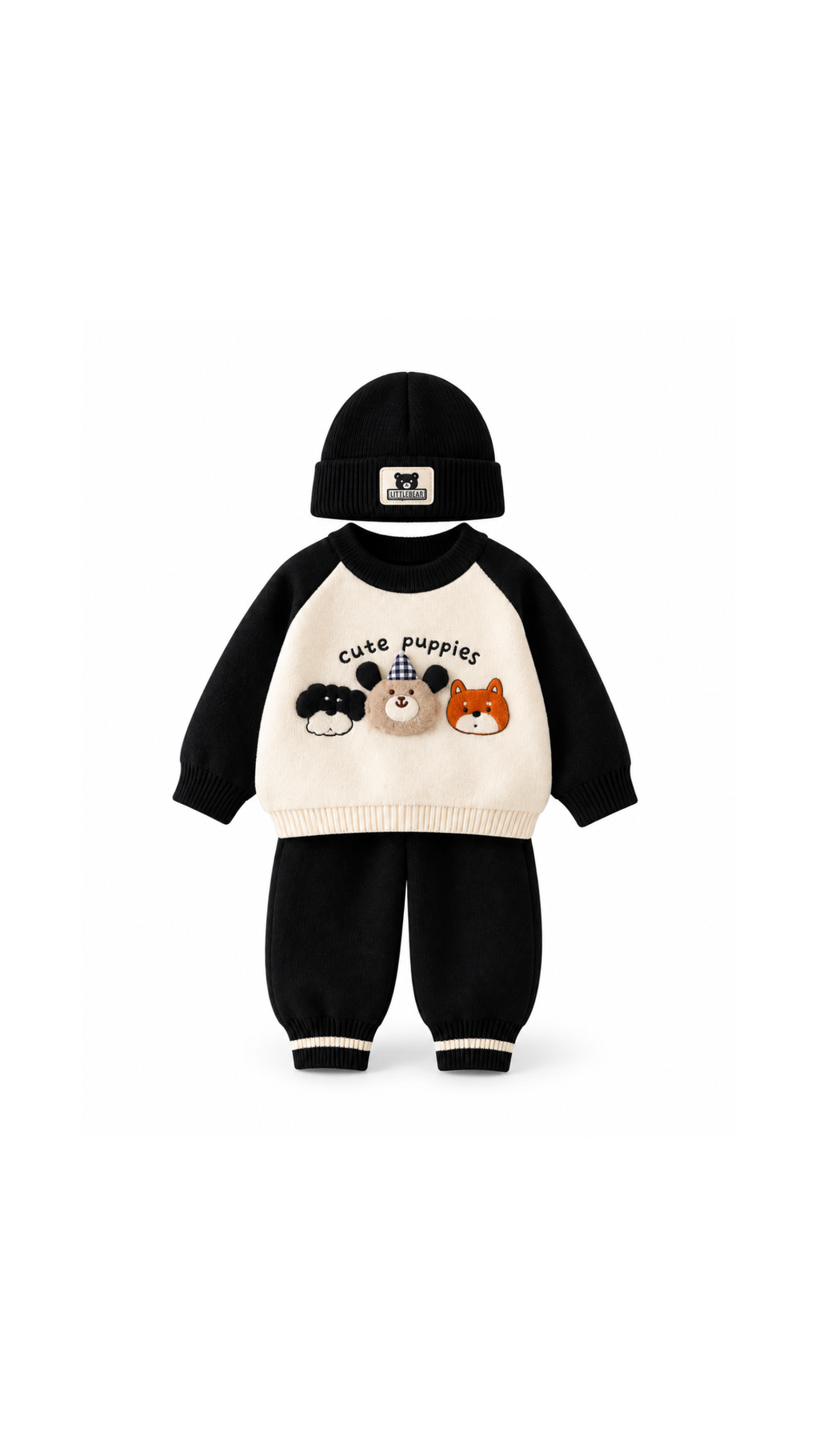 Cute Puppies Knit Sweater & Jogger Set with Beanie