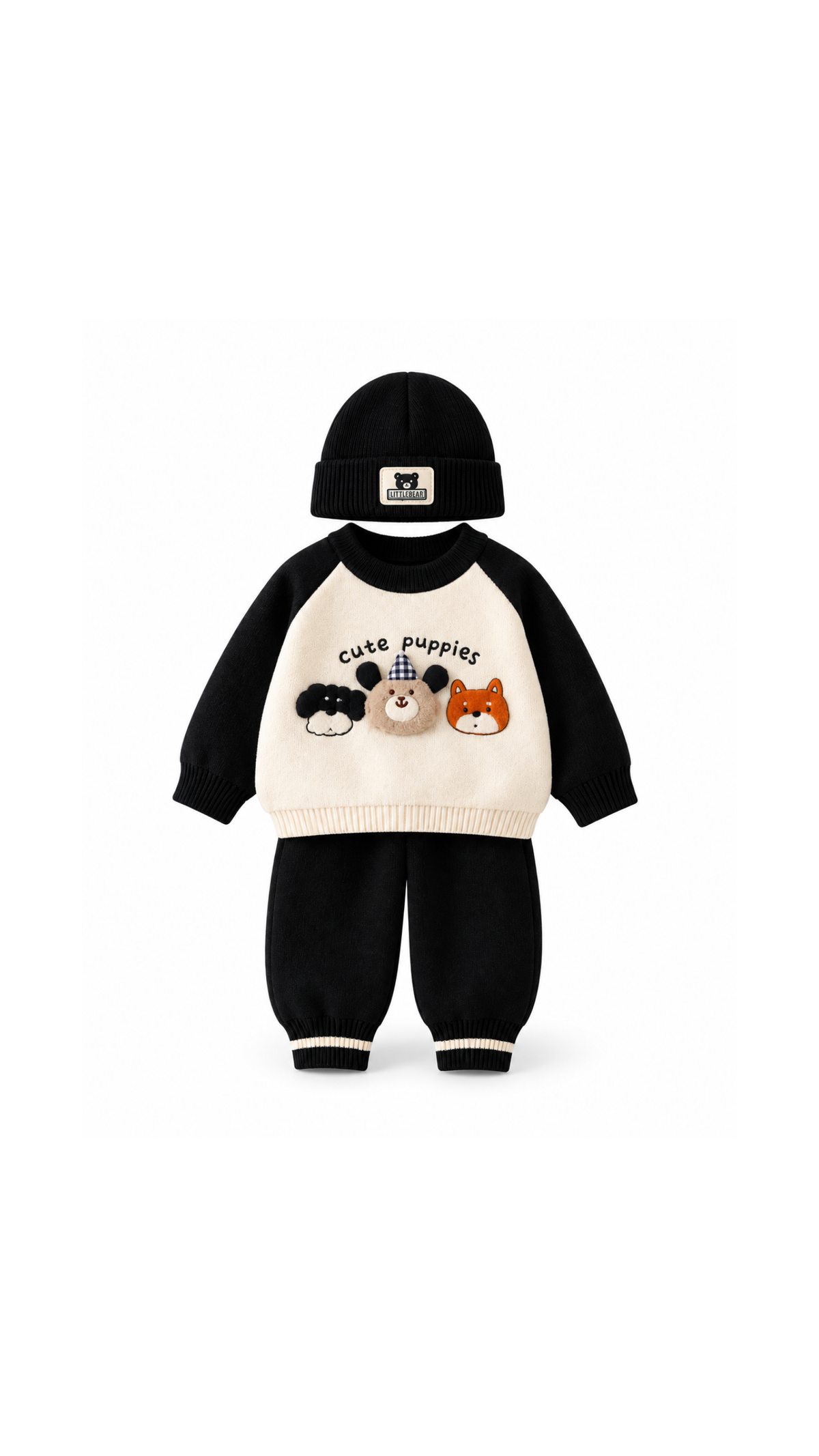 Cute Puppies Knit Sweater & Jogger Set with Beanie