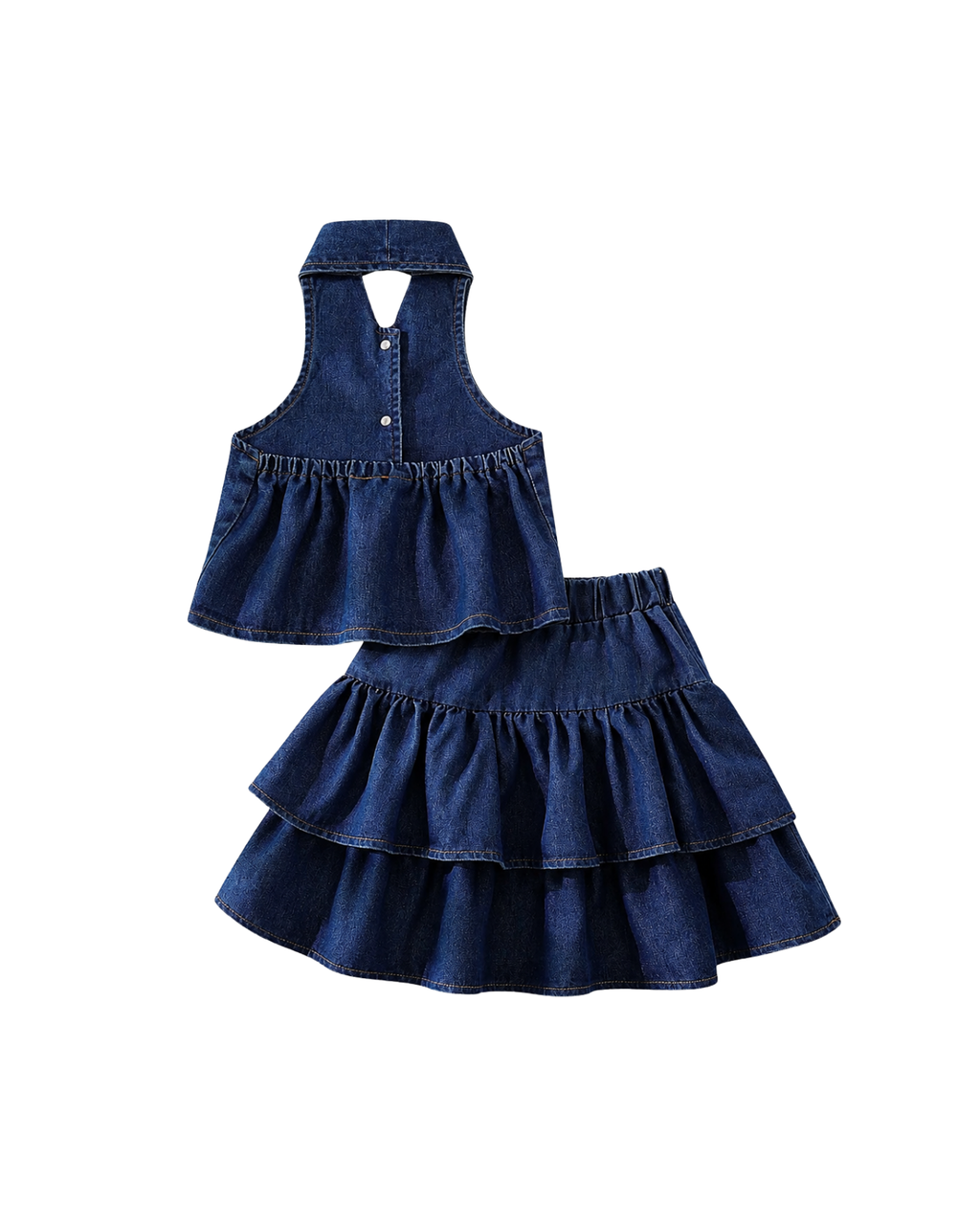 Girls Denim Halter Crop Top & Ruffled Layered Skirt Girl's Set