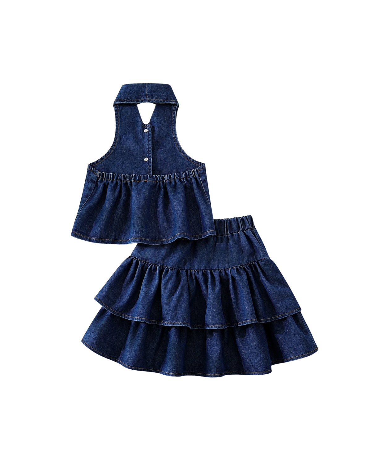 Girls Denim Halter Crop Top & Ruffled Layered Skirt Girl's Set