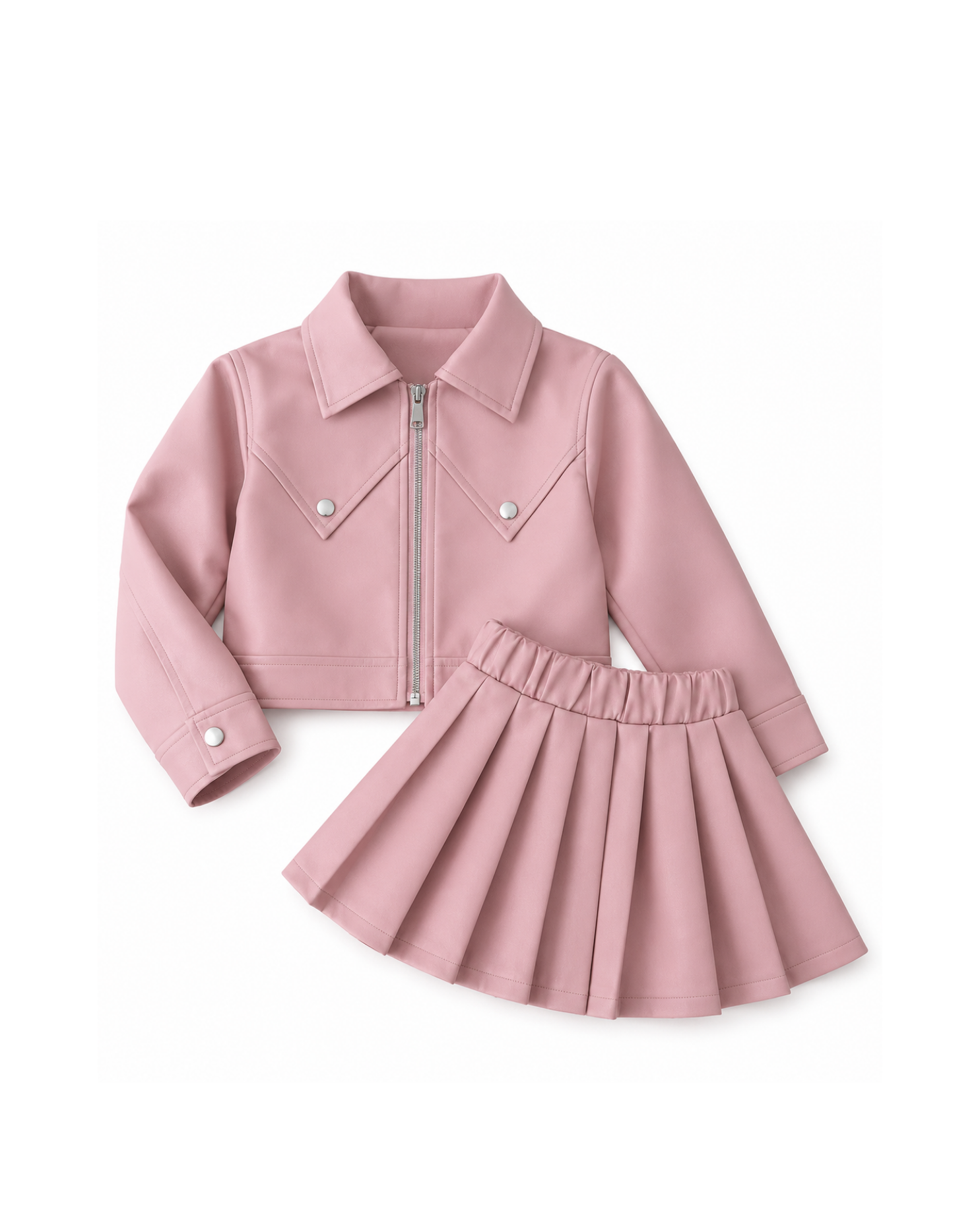 Faux Leather Moto & Pleated Skirt Girl's Set