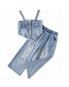 Denim Crop Top & Distressed Wide-Leg Jeans Girl's Set