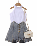 Sleek Ribbed Halter &  Denim Short Girl's Set