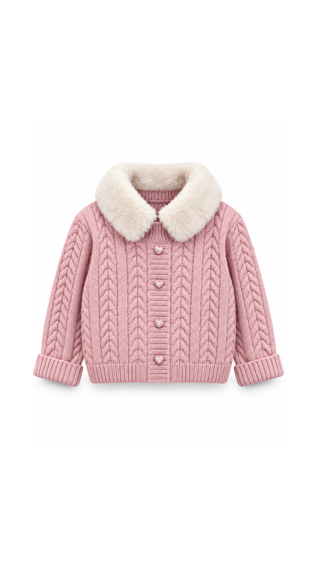 Fur-Collar Cable-Knit Cardigan & Plaid Skirt Girl's Set
