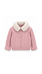 Fur-Collar Cable-Knit Cardigan & Plaid Skirt Girl's Set