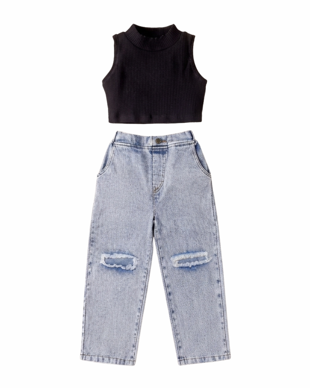 Chic Ribbed Crop Top & Distressed Denim Girl's Set