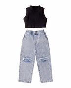 Chic Ribbed Crop Top & Distressed Denim Girl's Set