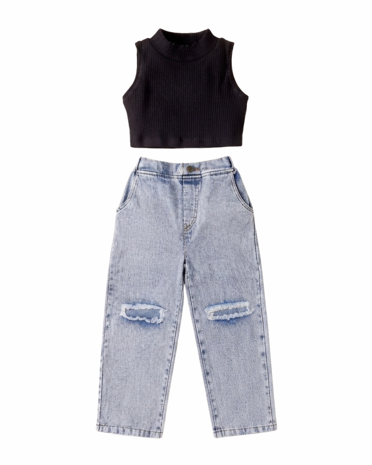 Chic Ribbed Crop Top & Distressed Denim Girl's Set