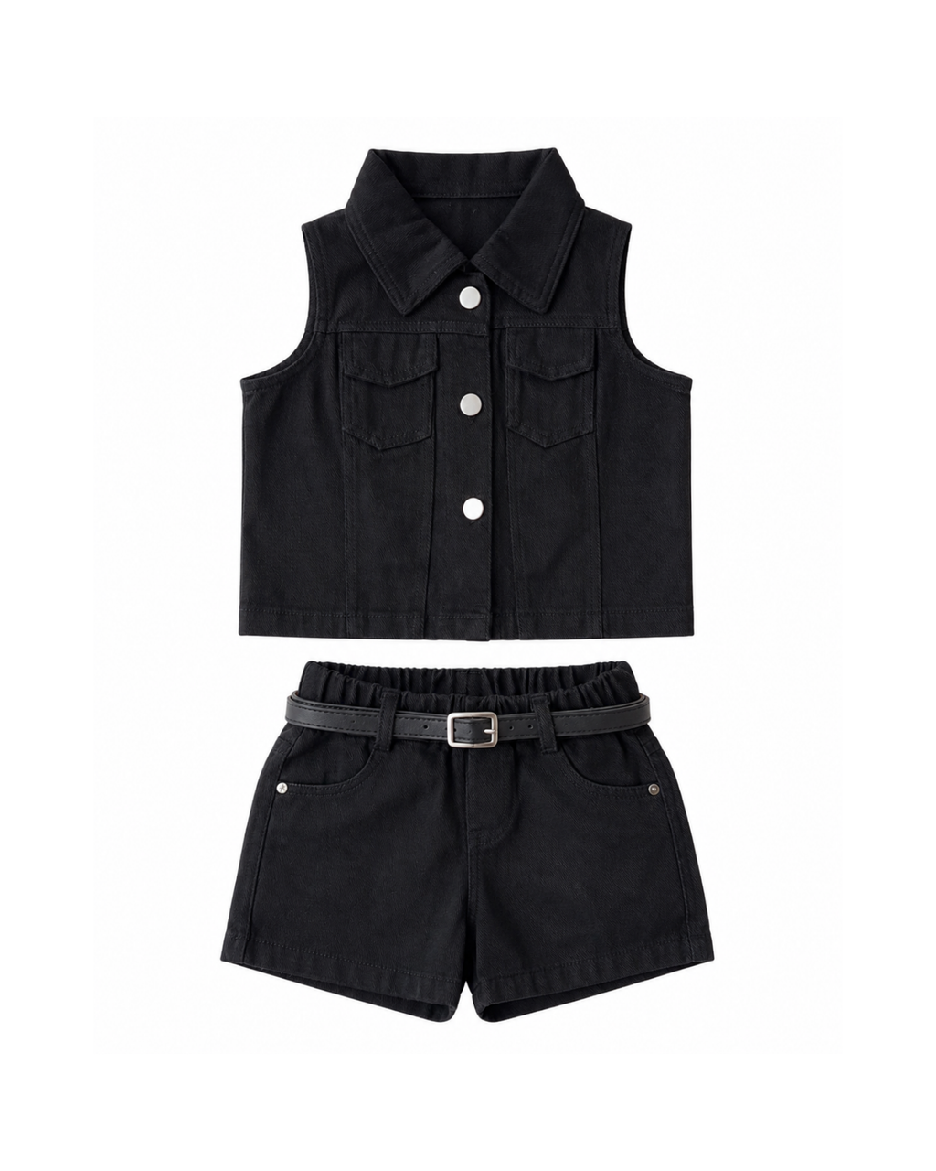 Denim Vest & Shorts Set with Belt Girl's Set