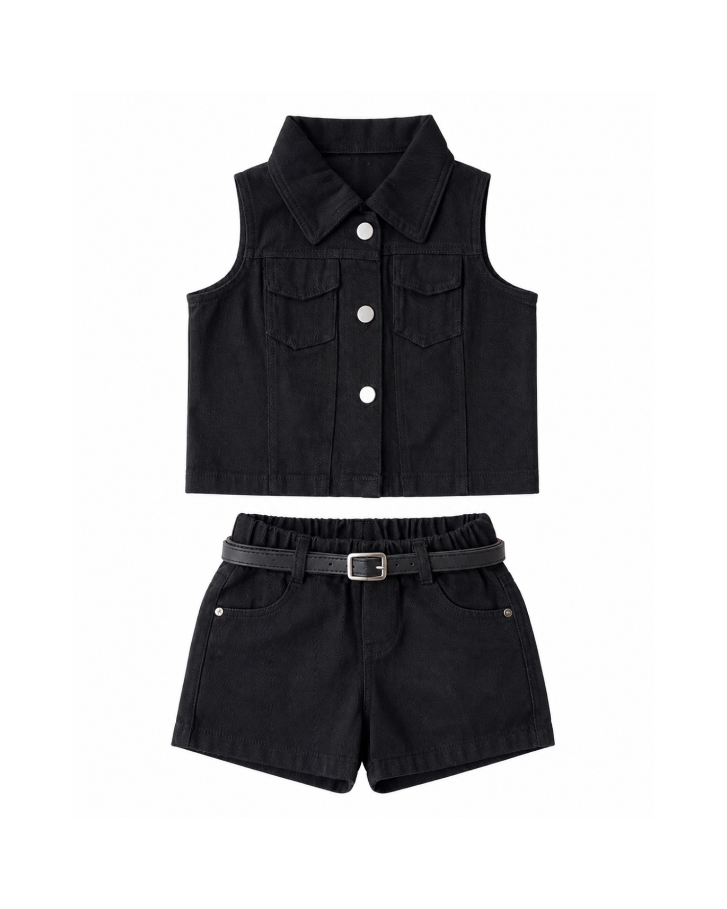 Denim Vest & Shorts Set with Belt Girl's Set