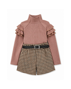 Ruffle Top & Houndstooth Belted Shorts Girl's Set
