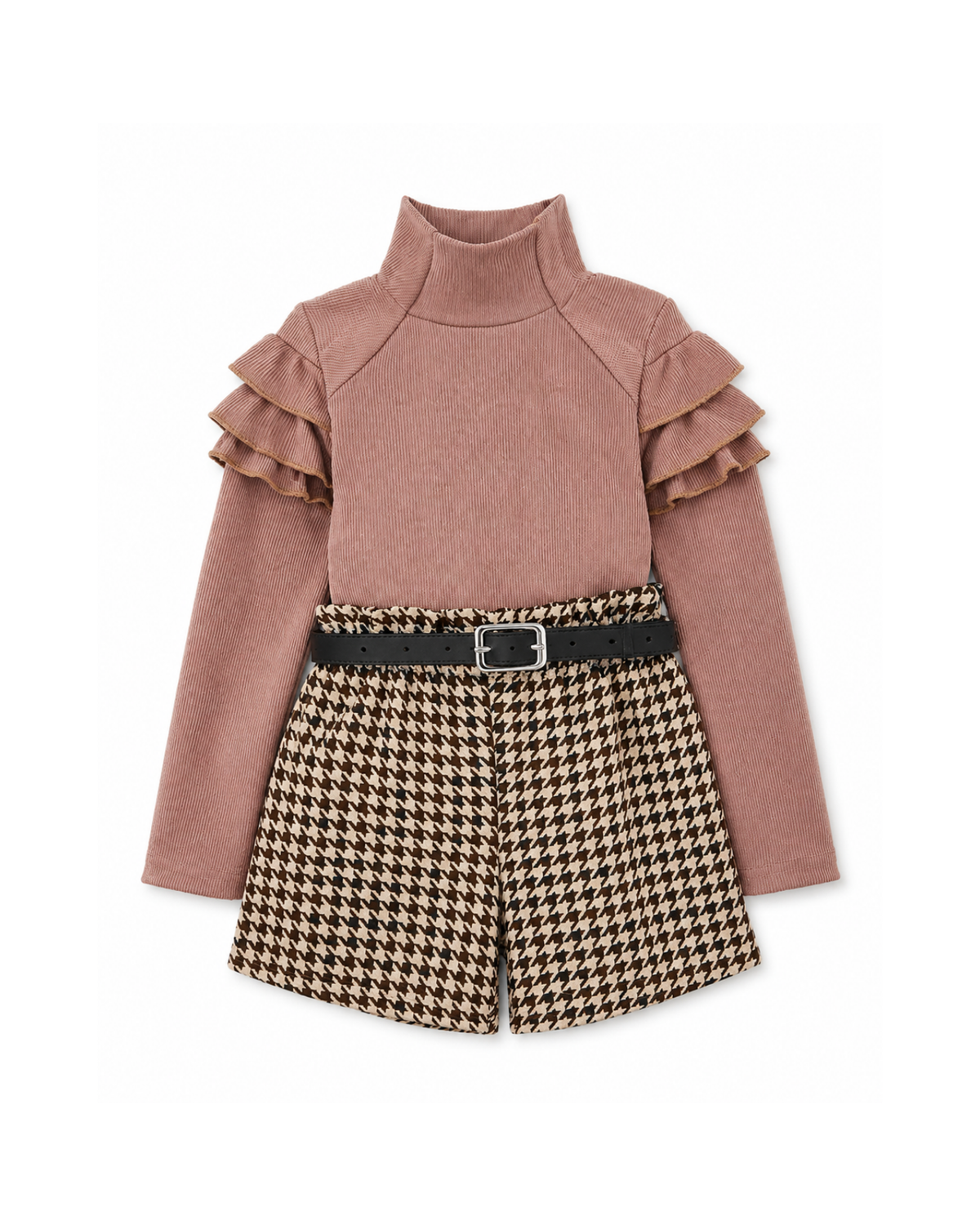 Ruffle Top & Houndstooth Belted Shorts Girl's Set